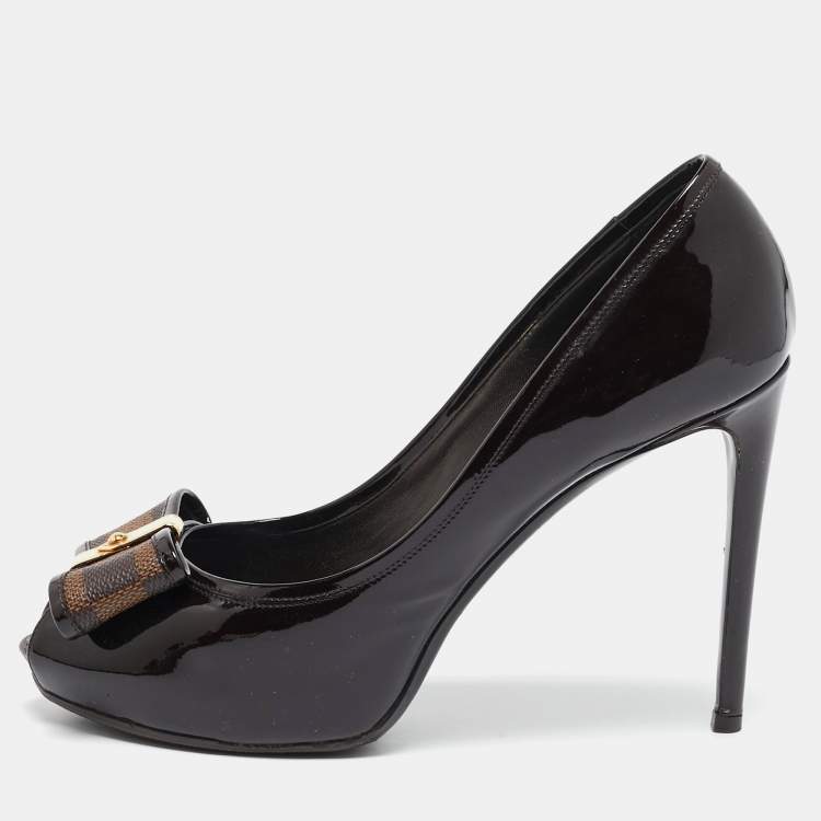 Pre Owned Louis Vuitton Brown/Burgundy  Patent Leather And Infini Canvas Bow Peep Toe Platform Pumps Size 39