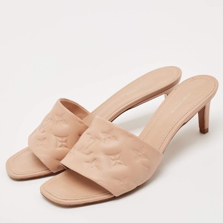 Pre Owned Louis Vuitton Beige Monogram Embossed Leather Revival Slide Sandals Size 40