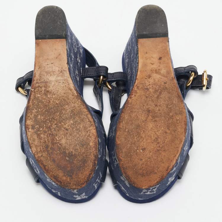 Pre Owned Louis Vuitton Navy Blue Leather and Monogram Denim Ocean Wedge Sandals Size 38.5