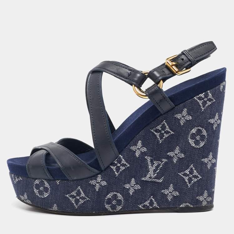 Pre Owned Louis Vuitton Navy Blue Leather and Monogram Denim Ocean Wedge Sandals Size 38.5