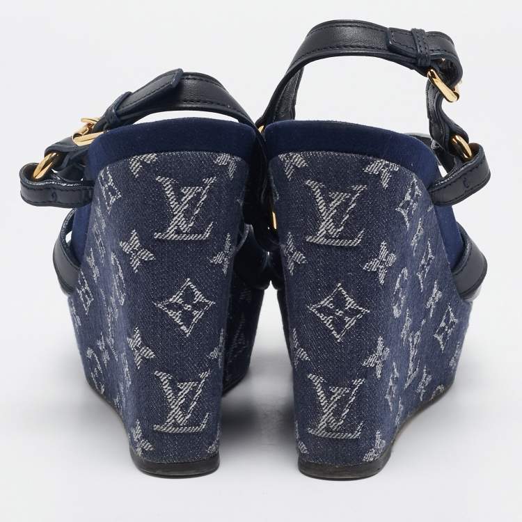 Pre Owned Louis Vuitton Navy Blue Leather and Monogram Denim Ocean Wedge Sandals Size 38.5