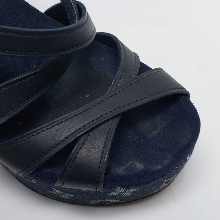 Pre Owned Louis Vuitton Navy Blue Leather and Monogram Denim Ocean Wedge Sandals Size 38.5