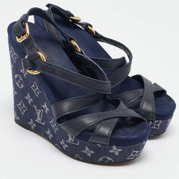 Pre Owned Louis Vuitton Navy Blue Leather and Monogram Denim Ocean Wedge Sandals Size 38.5