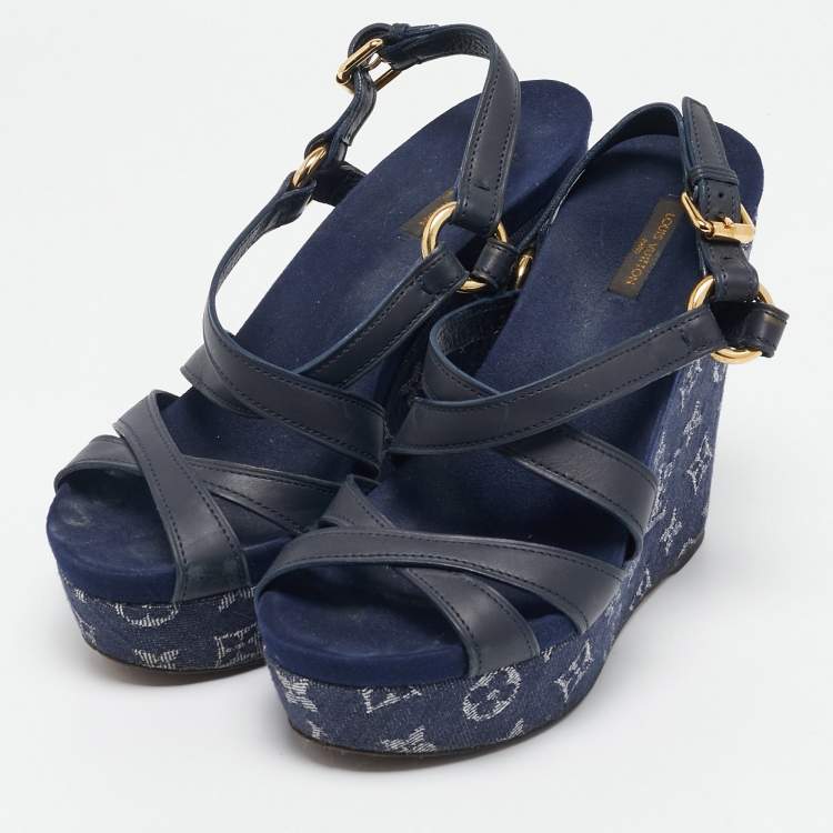 Pre Owned Louis Vuitton Navy Blue Leather and Monogram Denim Ocean Wedge Sandals Size 38.5