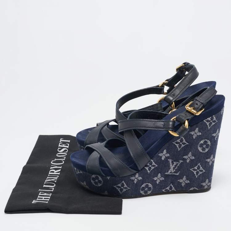 Pre Owned Louis Vuitton Navy Blue Leather and Monogram Denim Ocean Wedge Sandals Size 38.5