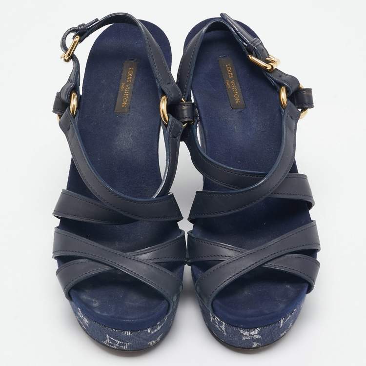 Pre Owned Louis Vuitton Navy Blue Leather and Monogram Denim Ocean Wedge Sandals Size 38.5