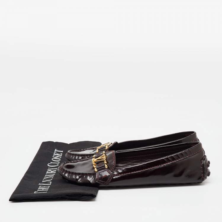 Pre Owned Louis Vuitton Burgundy Patent Leather Oxford Loafers Size 38.5