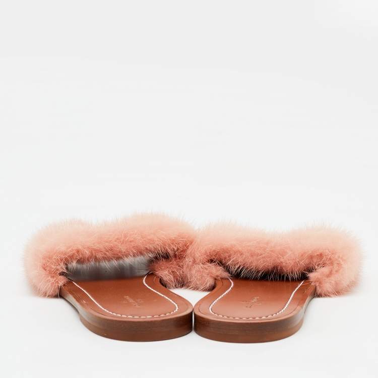 Pre Owned Louis Vuitton Pink Mink Fur Lock It Flat Slide Sandals Size 36