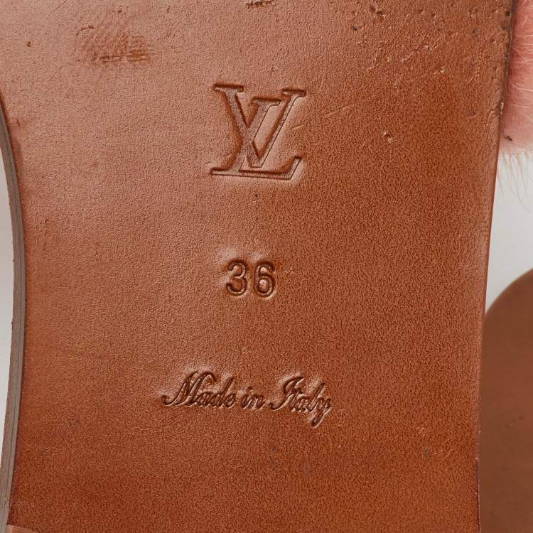 Pre Owned Louis Vuitton Pink Mink Fur Lock It Flat Slide Sandals Size 36