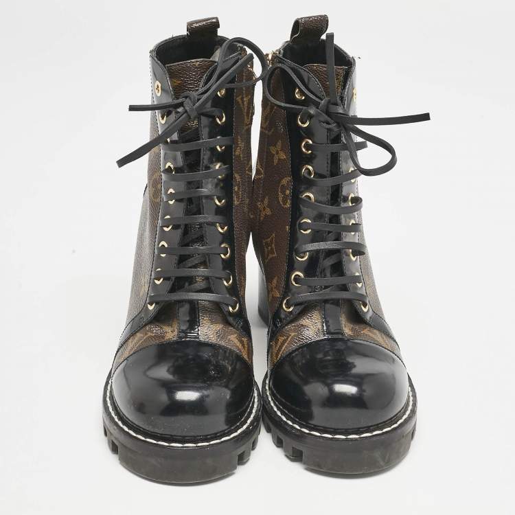 Pre Owned Louis Vuitton Brown/Black Monogram Canvas and Leather Star Trail Ankle Length Boots Size 40