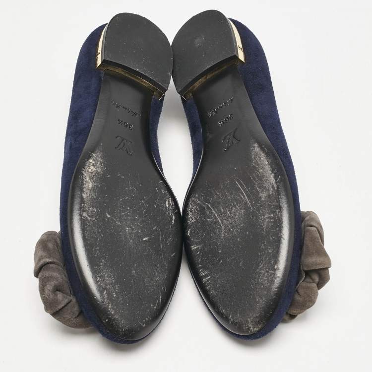 Pre Owned Louis Vuitton Navy Blue Suede Flower Embellished Ballet Flats Size 36.5