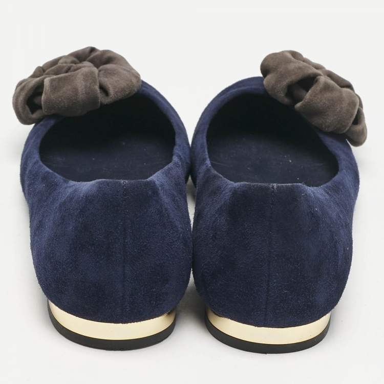 Pre Owned Louis Vuitton Navy Blue Suede Flower Embellished Ballet Flats Size 36.5