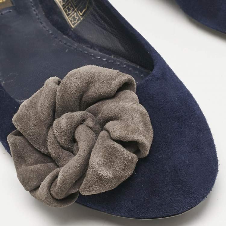 Pre Owned Louis Vuitton Navy Blue Suede Flower Embellished Ballet Flats Size 36.5