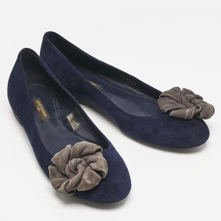 Pre Owned Louis Vuitton Navy Blue Suede Flower Embellished Ballet Flats Size 36.5