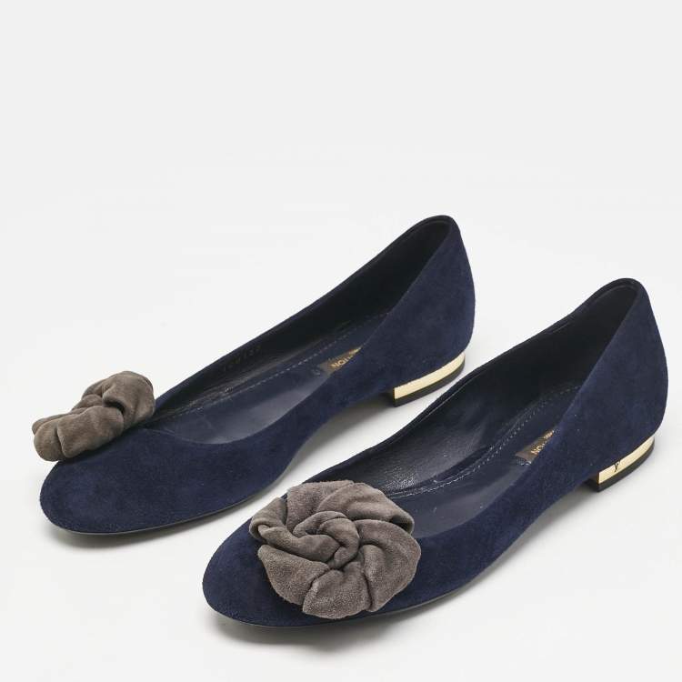 Pre Owned Louis Vuitton Navy Blue Suede Flower Embellished Ballet Flats Size 36.5