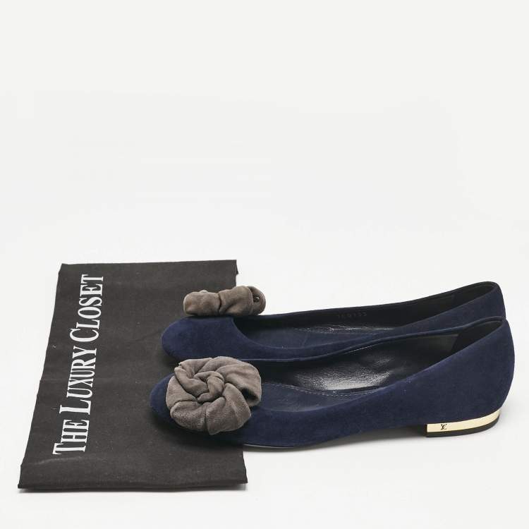 Pre Owned Louis Vuitton Navy Blue Suede Flower Embellished Ballet Flats Size 36.5
