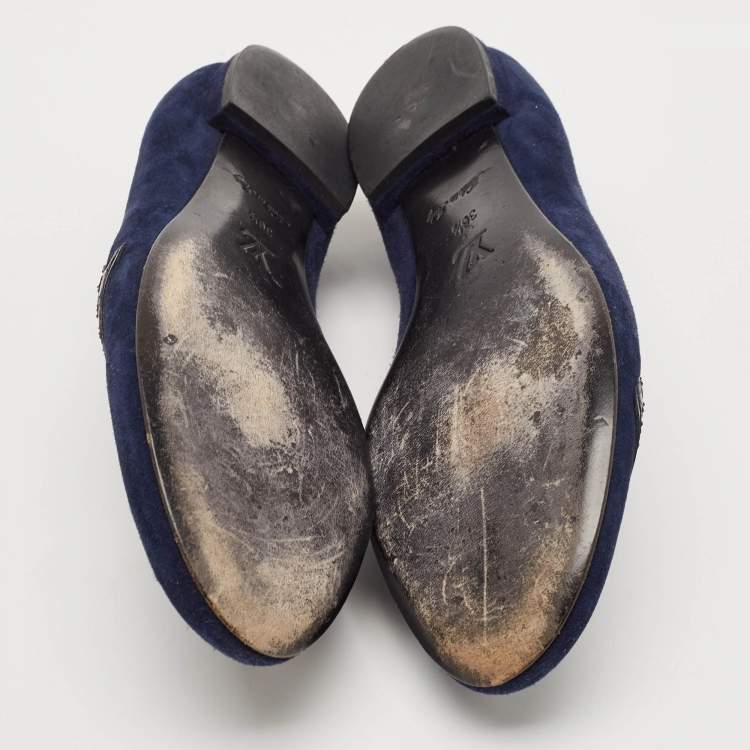 Pre Owned Louis Vuitton Navy Blue Python Leather and Suede LV Logo Smoking Slippers Size 36.5