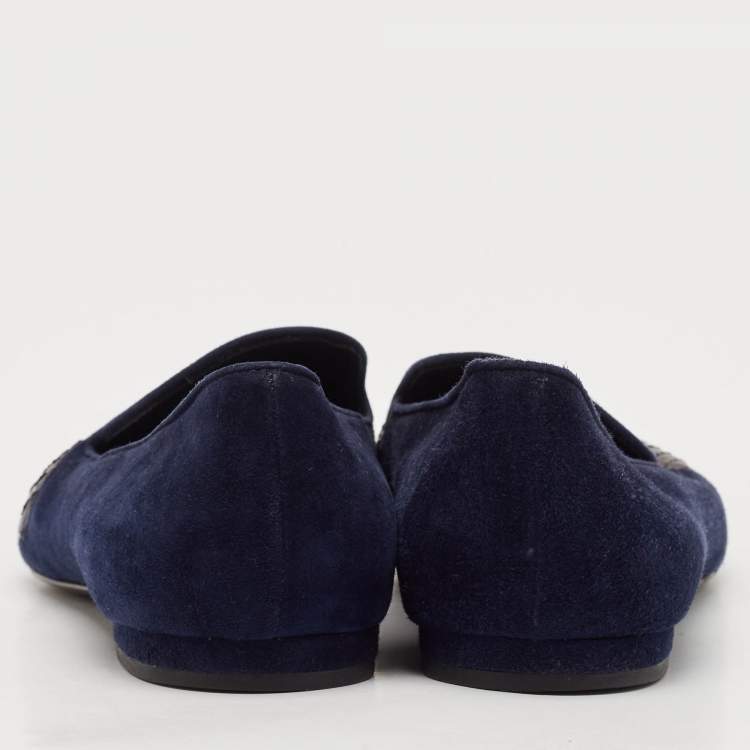 Pre Owned Louis Vuitton Navy Blue Python Leather and Suede LV Logo Smoking Slippers Size 36.5