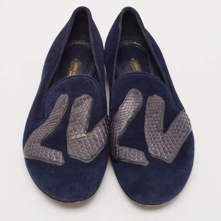 Pre Owned Louis Vuitton Navy Blue Python Leather and Suede LV Logo Smoking Slippers Size 36.5