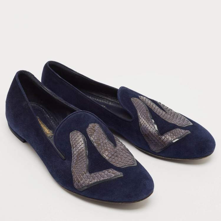Pre Owned Louis Vuitton Navy Blue Python Leather and Suede LV Logo Smoking Slippers Size 36.5