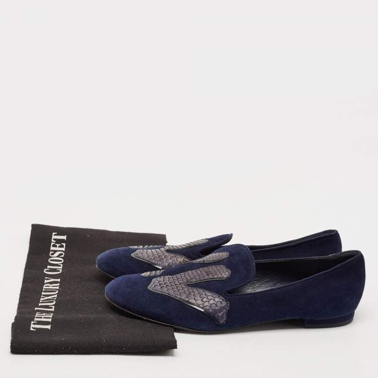 Pre Owned Louis Vuitton Navy Blue Python Leather and Suede LV Logo Smoking Slippers Size 36.5