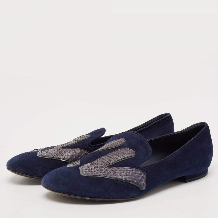 Pre Owned Louis Vuitton Navy Blue Python Leather and Suede LV Logo Smoking Slippers Size 36.5