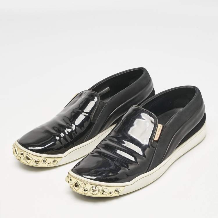 Pre Owned Louis Vuitton Black Patent and Leather Studded Tempo Slip On Sneakers Size 38