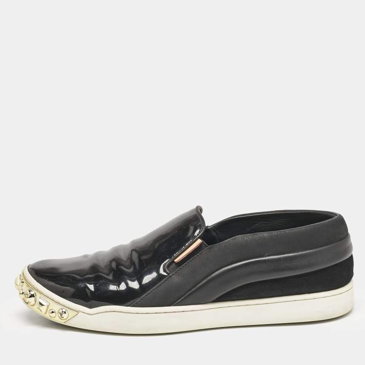 Pre Owned Louis Vuitton Black Patent and Leather Studded Tempo Slip On Sneakers Size 38