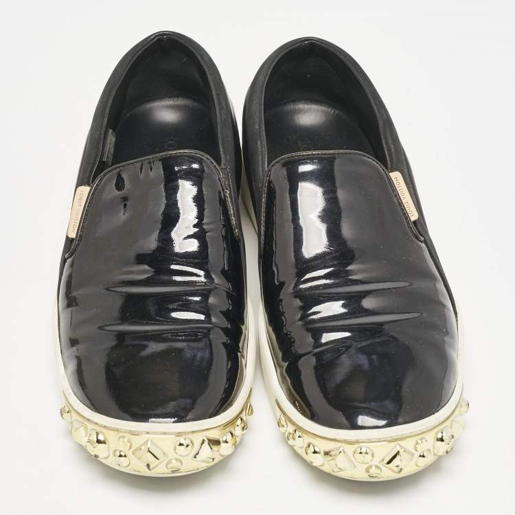 Pre Owned Louis Vuitton Black Patent and Leather Studded Tempo Slip On Sneakers Size 38