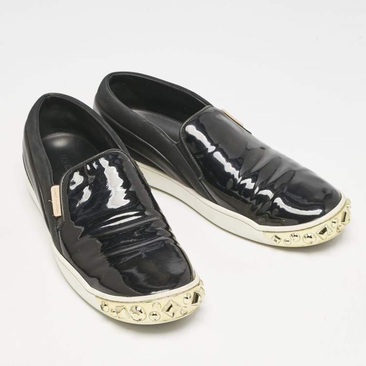 Pre Owned Louis Vuitton Black Patent and Leather Studded Tempo Slip On Sneakers Size 38