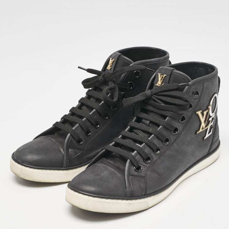 Pre Owned Louis Vuitton Black Nubuck Punchy Love Patch High Top Sneakers Size 36