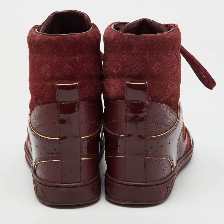 Pre Owned Louis Vuitton Burgundy Monogram Suede and Patent Leather Cliff Top Wedge Sneakers Size 37
