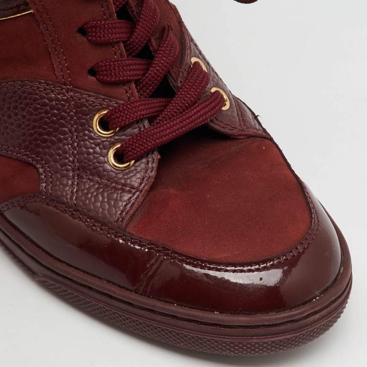 Pre Owned Louis Vuitton Burgundy Monogram Suede and Patent Leather Cliff Top Wedge Sneakers Size 37