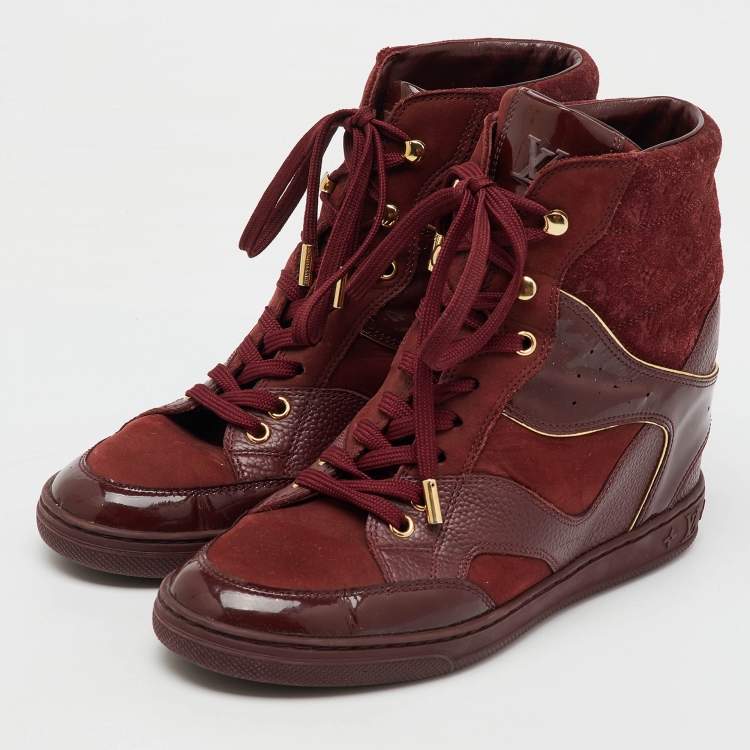 Pre Owned Louis Vuitton Burgundy Monogram Suede and Patent Leather Cliff Top Wedge Sneakers Size 37