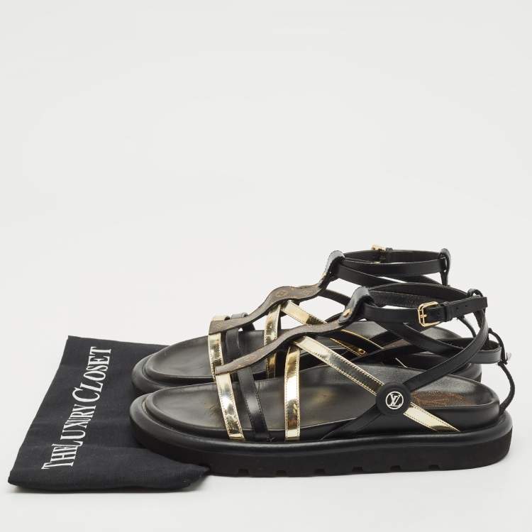 Pre Owned Louis Vuitton Black/gold Monogram Canvas and Leather Monogram Pool Pillow Comfort Flat Sandals Size 39