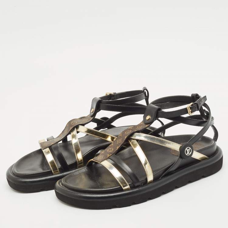 Pre Owned Louis Vuitton Black/gold Monogram Canvas and Leather Monogram Pool Pillow Comfort Flat Sandals Size 39