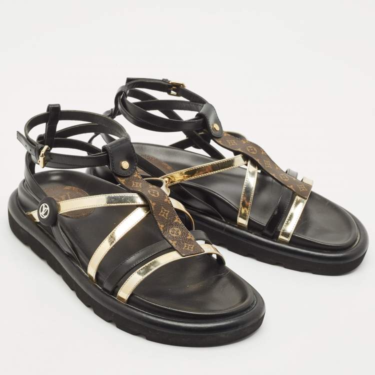 Pre Owned Louis Vuitton Black/gold Monogram Canvas and Leather Monogram Pool Pillow Comfort Flat Sandals Size 39