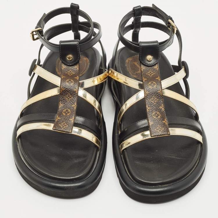 Pre Owned Louis Vuitton Black/gold Monogram Canvas and Leather Monogram Pool Pillow Comfort Flat Sandals Size 39