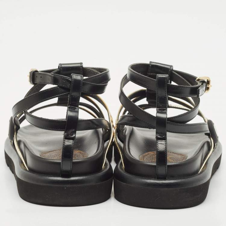 Pre Owned Louis Vuitton Black/gold Monogram Canvas and Leather Monogram Pool Pillow Comfort Flat Sandals Size 39
