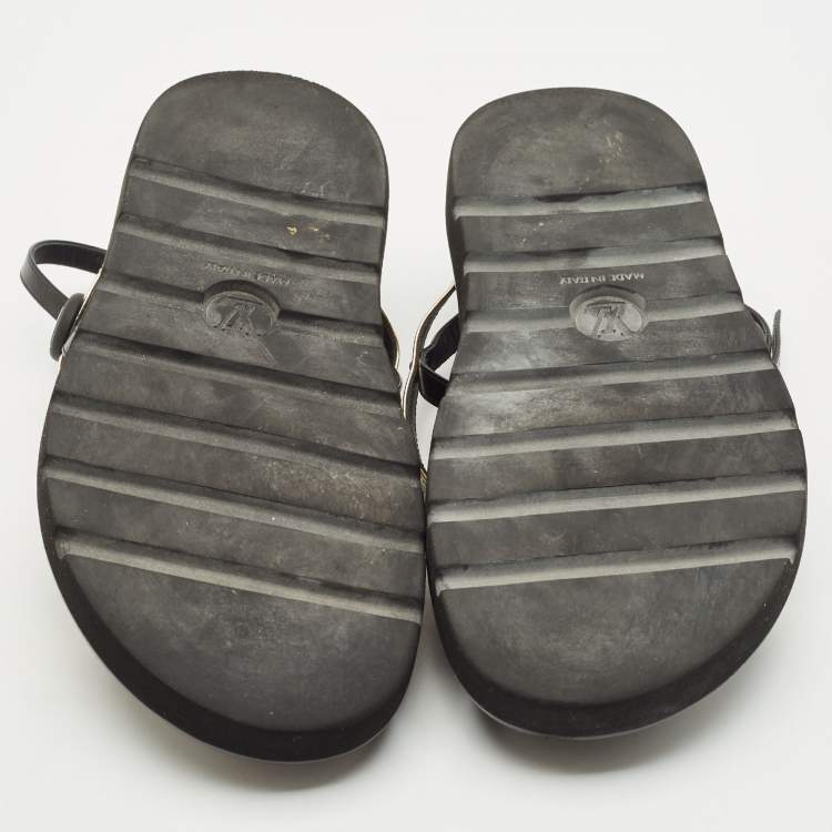 Pre Owned Louis Vuitton Black/gold Monogram Canvas and Leather Monogram Pool Pillow Comfort Flat Sandals Size 39