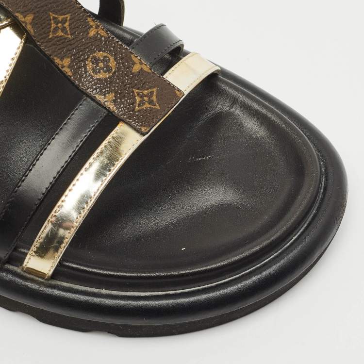 Pre Owned Louis Vuitton Black/gold Monogram Canvas and Leather Monogram Pool Pillow Comfort Flat Sandals Size 39