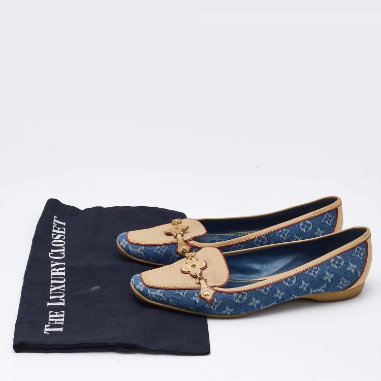 Pre Owned Louis Vuitton Navy Blue Monogram Denim and Leather Cap-Toe Ballet Flats Size 37