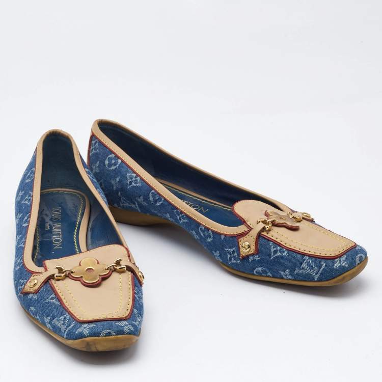 Pre Owned Louis Vuitton Navy Blue Monogram Denim and Leather Cap-Toe Ballet Flats Size 37