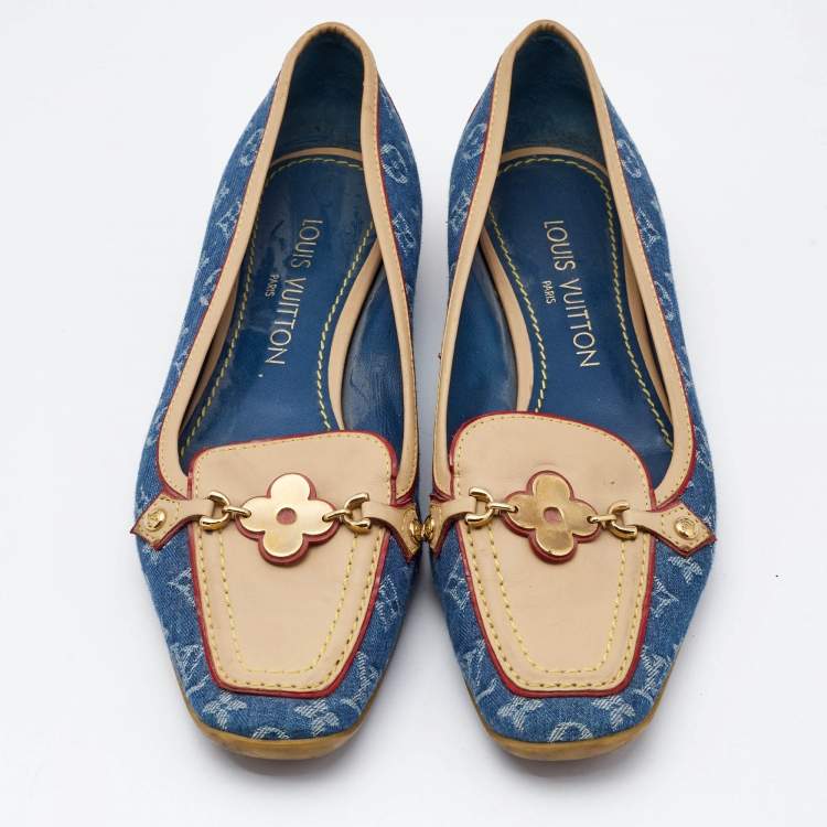Pre Owned Louis Vuitton Navy Blue Monogram Denim and Leather Cap-Toe Ballet Flats Size 37