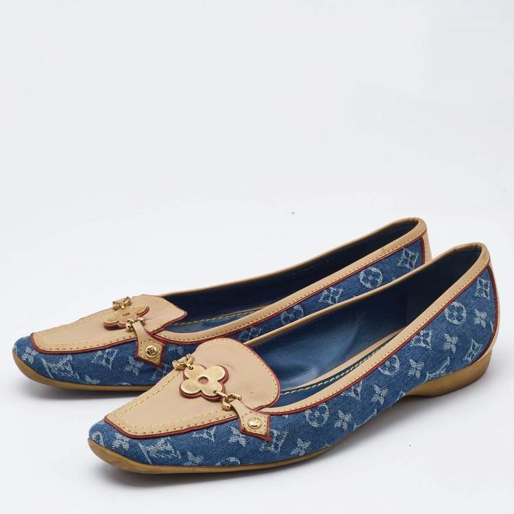 Pre Owned Louis Vuitton Navy Blue Monogram Denim and Leather Cap-Toe Ballet Flats Size 37