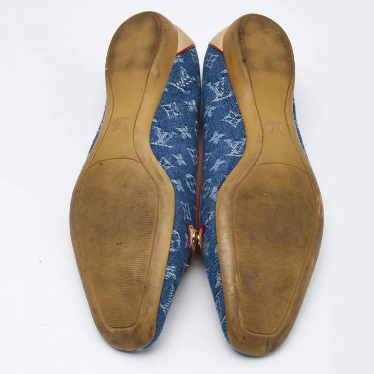Pre Owned Louis Vuitton Navy Blue Monogram Denim and Leather Cap-Toe Ballet Flats Size 37