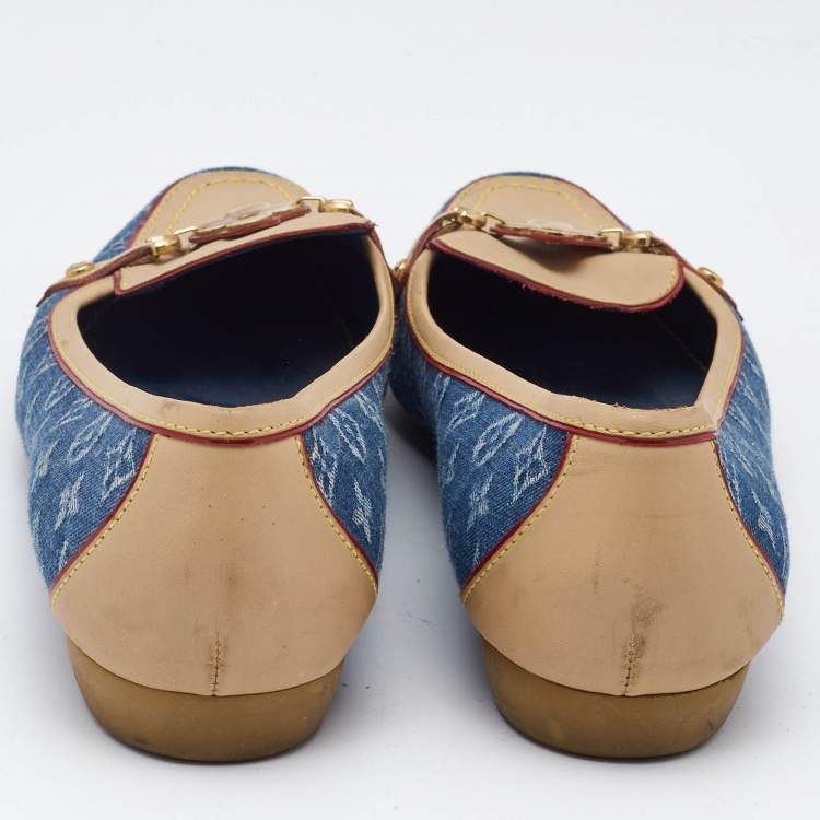Pre Owned Louis Vuitton Navy Blue Monogram Denim and Leather Cap-Toe Ballet Flats Size 37