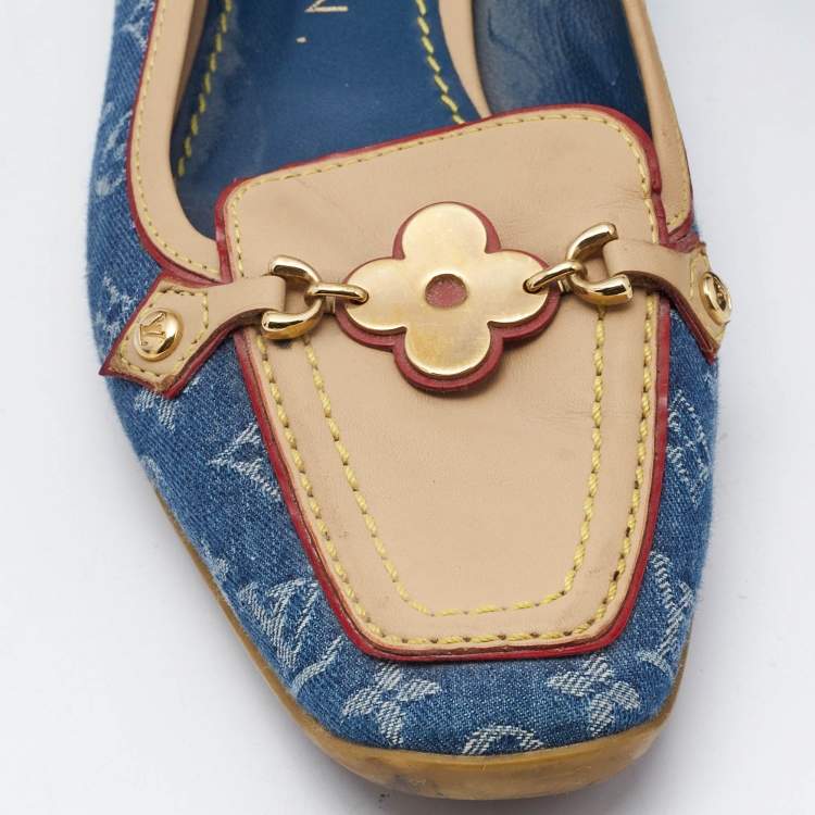 Pre Owned Louis Vuitton Navy Blue Monogram Denim and Leather Cap-Toe Ballet Flats Size 37