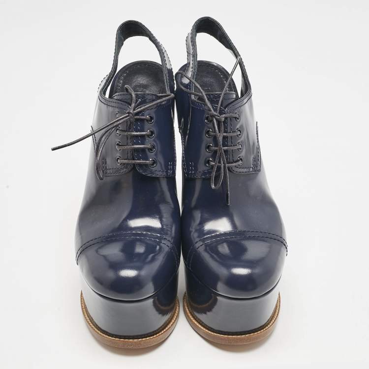 Pre Owned Louis Vuitton Navy Blue Patent Leather Louisiana Slingback Booties Size 40