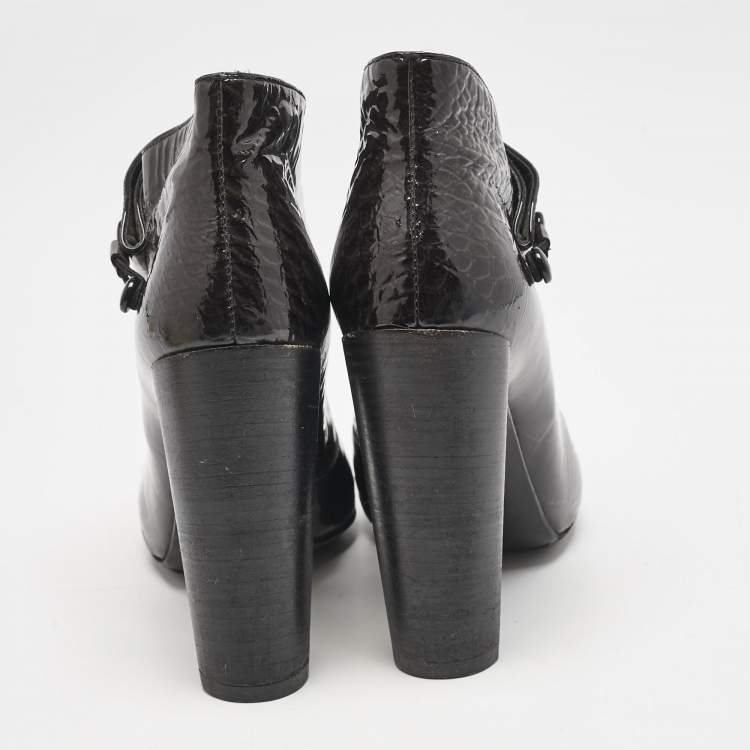 Pre Owned Louis Vuitton Black Croc Embossed Patent Leather Cornelia Booties Size 38.5